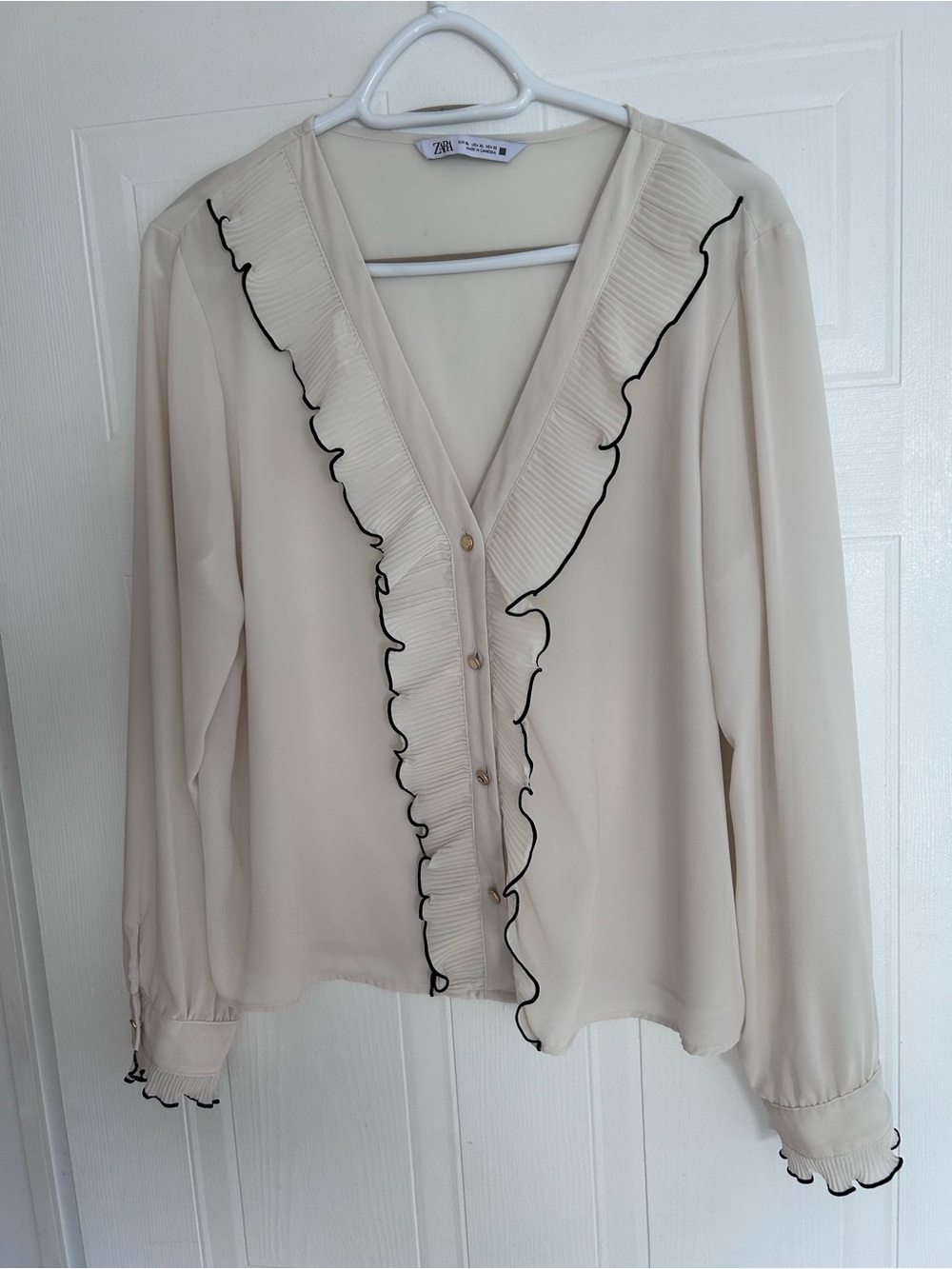 Zara Cream Blouse with Black Piped Ruffle Trim